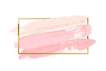 Pastel pink brush strokes with rectangle golden frame isolated on white background. Vector design element.