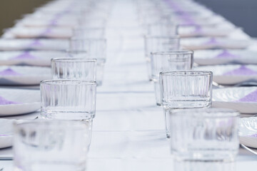 Elegant tables set up for party. Banquet hall in the restaurant. Concept: Serving. Celebration. Anniversary. Wedding