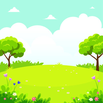 Green field or park with beautiful scenery landscape, suitable for kid background, cover, flyer with cartoon style