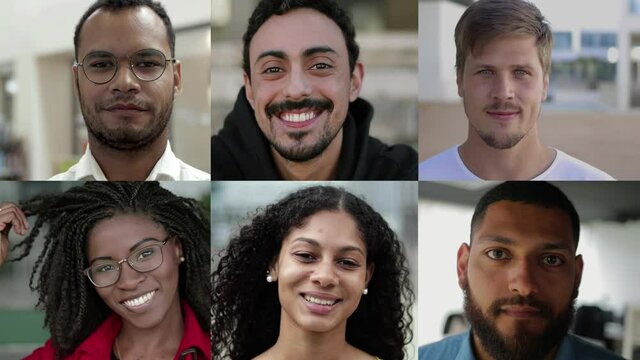 Diverse young people looking at camera. Split screen collage of happy attractive multiethnic men and women standing and smiling at camera. Facial expression concept