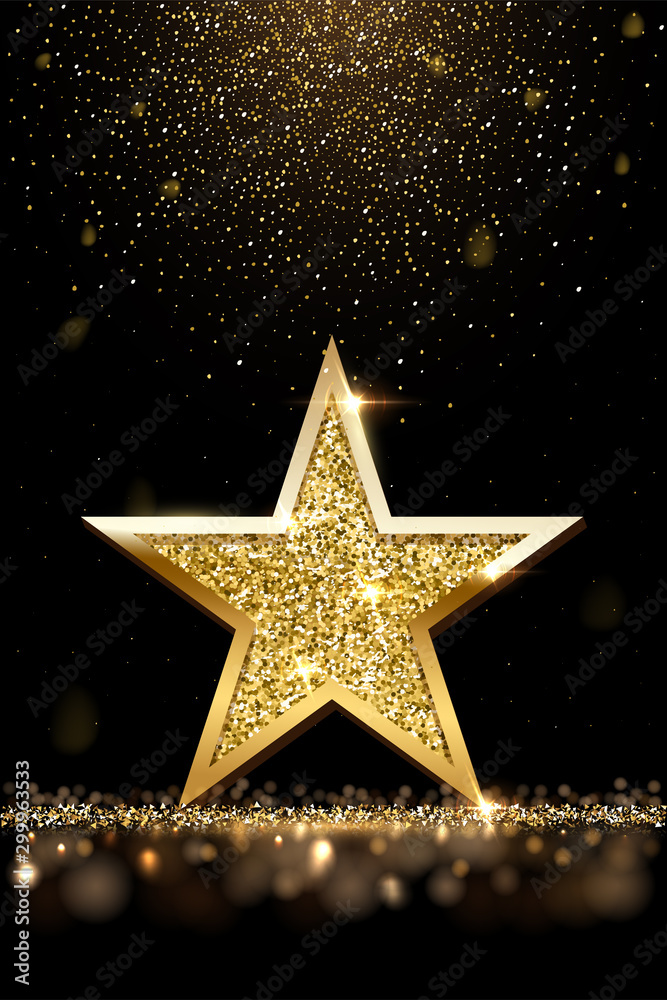 Poster golden sparkling star isolated on dark vertical luxury background. vector design element.