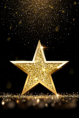 Golden sparkling star isolated on dark vertical luxury background. Vector design element.