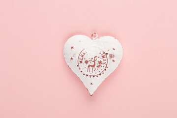 Christmas decorations on pink background. Christmas composition. Flat lay, top view, copy space.