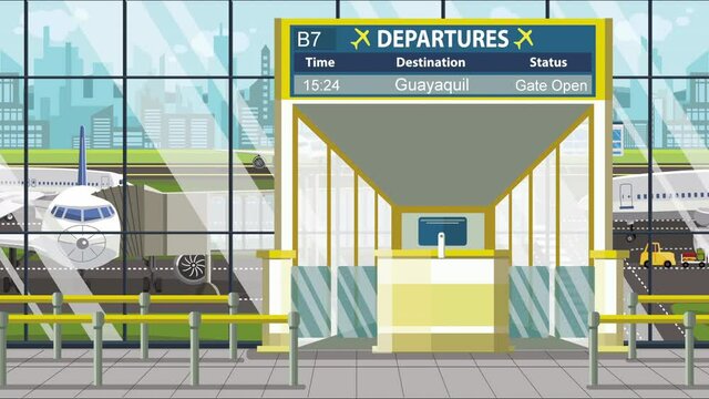 Departure board in the airport terminal with Guayaquil caption. Travel to Ecuador loopable cartoon animation