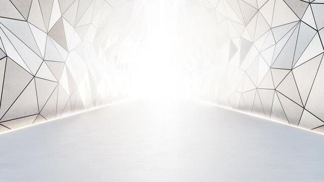 Geometric shapes structure on gray floor with white wall background in big hall or modern showroom. Construction technology for future architecture. Abstract interior loop animation 3d illustration.