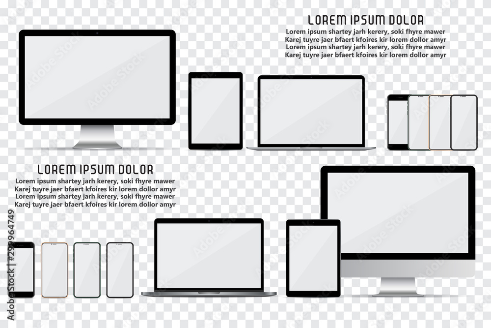 Fototapete Set of computer monitor, laptop, smartphone and tablet with empty screen on a transparent background