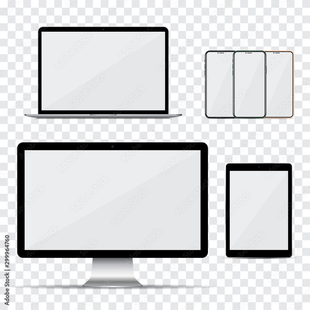 Poster Set of computer monitor, laptop, smartphone and tablet with empty screen on a transparent background