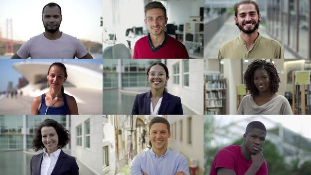Cheerful men and women smiling at camera. Multiscreen montage of happy diverse people smiling at camera. Emotion concept