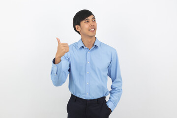 Young handsome asian business man smiling and showing thumbs up isolated on white background.