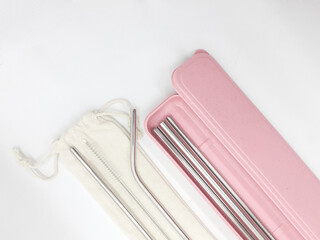 Clean Silver Metallic Straw for Environment Green Lover with Beautiful Package in White Isolated Background