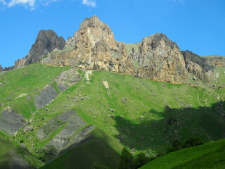 Odle mountains chain separating the Funes valley from the Gardena valley, taken from the Seceda refuge, Italian alps