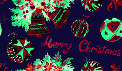 Christmas decorations and greetings, hand painted watercolor illustration, seamless pattern design on  dark blue background