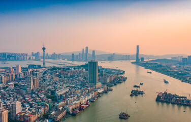 Obraz na płótnie Canvas Aerial panoramic views of Zhuhai, China, and The Great Bay Area of Macau