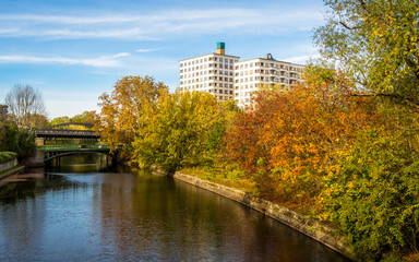 Berlin Landwehrkanal with bridges in autumn