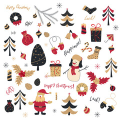 New Year. Christmas. Set of christmas elements with santa claus and snowman