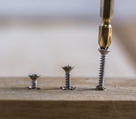 Set of silver screws screwed into timber wood on wooden top table background. One of them has screw driver on the screw.