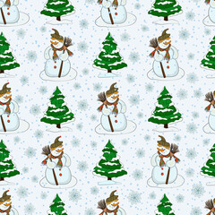 Seamless pattern with snowy Christmas trees, snowman and snow.