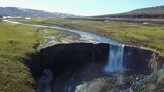aerial view of the Putorana plateau huge waterfall