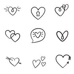 Set of nine hand drawn heart. Handdrawn rough marker hearts isolated on white background. Vector illustration for your graphic design