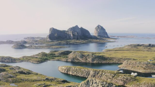 Aerial view above Traena islands in Norway travel destinations amazing nature Helgeland landscape 