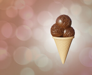 Highly detailed delicious balls chocolate ice cream in a waffle cone Abstract colored background. Bokeh bubbles.