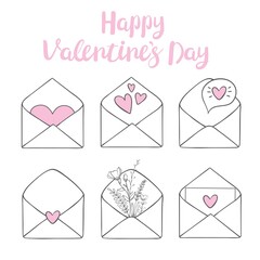 Valentine's day clip art. Envelope with hearts, stamps and hearts, love postcard with letters. Flying heart with wings. Vector illustration