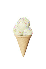 Highly detailed delicious balls vanilla ice cream in a waffle cone isolated on a white background.