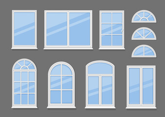 Windows with white frames set vector illustration. Various types plastic windows collection.