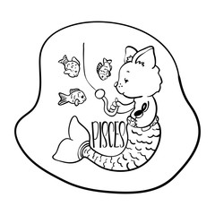 Pisces astrological zodiac sign with cute cat character. Pisces vector illustration on white background