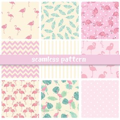 Set seamless backgrounds with pink flamingos and anchors, gray,
