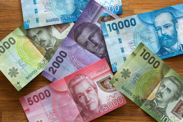Chile money, pesos, various banknotes