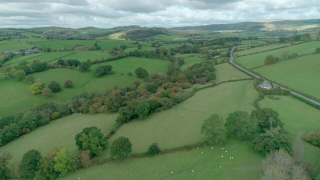 Aerial shot over the majestic British landscape at Builth Wells, Wales