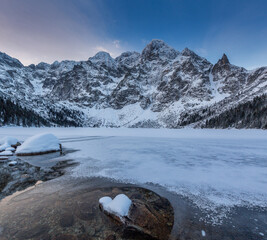 Morskie Oko in winter sunrise in Tatra Mountains in Poland