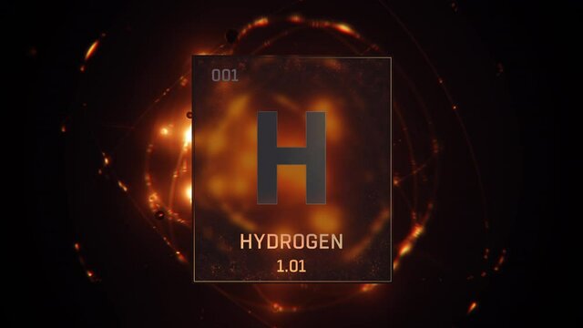 Hydrogen as Element 1 of the Periodic Table. Seamlessly looping 3D animation on orange illuminated atom design background with orbiting electrons. Design shows name, atomic weight and element number 