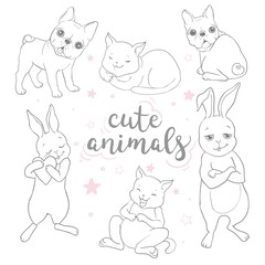 Card with joyful dogs and happy puppies. Vector background with mongrels, sheepdog, dachshund, lap-dog and others breeds.