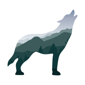 wildlife wolf green forest landscape silhouette vector illustration EPS10