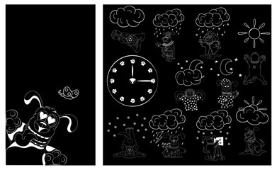 Dog on a black background. Theme for smartphone. Background for the main screen, a watch dial with paw prints and weather icons made in the mood of a dogs. Dog weather. Vector illustration.