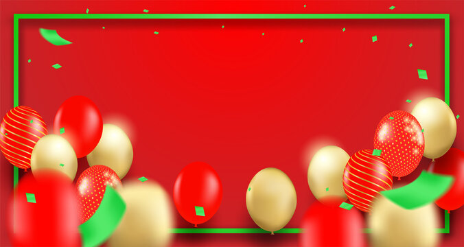 Merry Christmas. Design With Red, Gold Balloons Party On Red Background .Vector , Illustration.