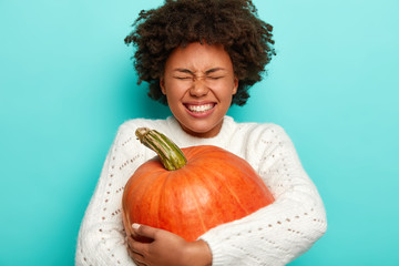 Isolated shot of overemotive joyous woman with curly Afro hair, picks up big pumpkin in autumn...