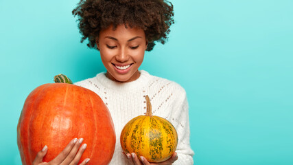 Cropped shot of cheerful dark skinned lady holds big and small pumpkins, grows vegetables in own garden, feels proud of autumn harvest, prepares Thanksgiving dinner, has happy smile on face.