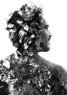 Paintography. Double exposure of an attractive male model combined with hand drawn paintings with lines and geometry, black and white
