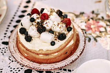 Homemade delicious berry cake with souffle