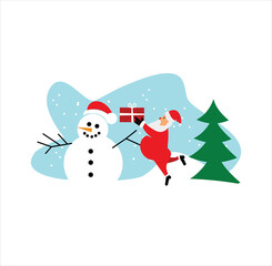 Merry Christmas! Santa Claus IN Christmas Snow Christmas premium greeting . Merry Christmas Funny Santa Claus With Gift On Stock Illustration