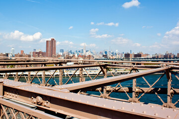 Panoramic New-York city view with skyscrapers and Brooklin Bridge on the blue sky background