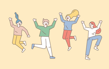 Fototapeta na wymiar Happy group of young people jumping. Line art characters. Friendship. Lifestyle, success. Minimal Vector Flat illustration. 