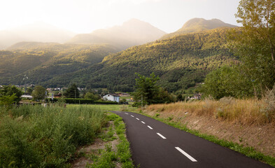 Velodoire bicycle path along the Dora Baltea river next to Aosta, Aosta Valley, Italy