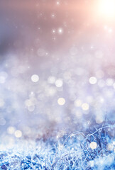 Empty snowy scene. Abstract winter background bokeh effect. Frost, snowflakes. Sunlight in the winter. Blurred background.