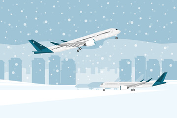 The plane takes off from the airport during a snowfall. Vector illustration