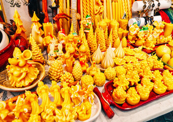 Stall with wax figures street Riga Christmas Market