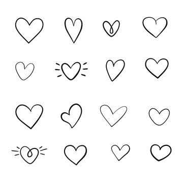 Set of nine hand drawn heart. Handdrawn rough marker hearts isolated on white background. Vector illustration for your graphic design